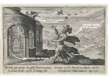Dibujo donde se ve a Dédalo teniendo celos de Pérdix y siendo expulsado del templo de Minerva. Minerva interviene y convierte a Perdix en un pájaro perdiz. En el margen un título de cuatro líneas, a dos columnas, en latín. Dibujo donde se ve a Dédalo teniendo celos de Pérdix y siendo expulsado del templo de Minerva. Minerva interviene y convierte a Perdix en un pájaro perdiz. En el margen un título de cuatro líneas, a dos columnas, en latín.